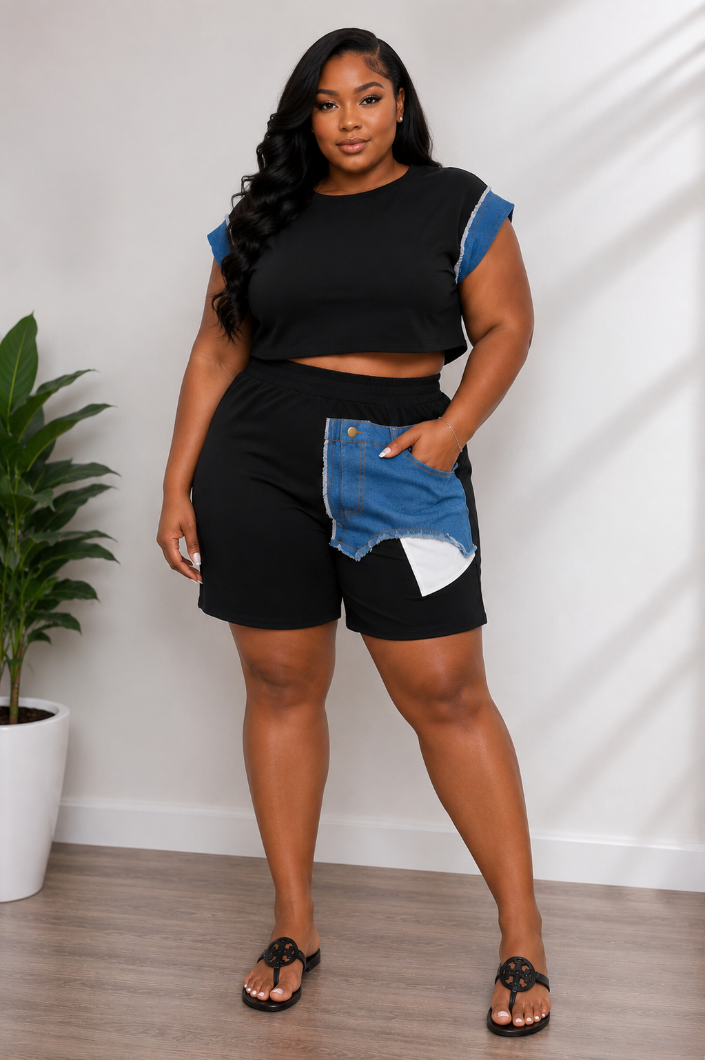 Denim Patch Shorts Set